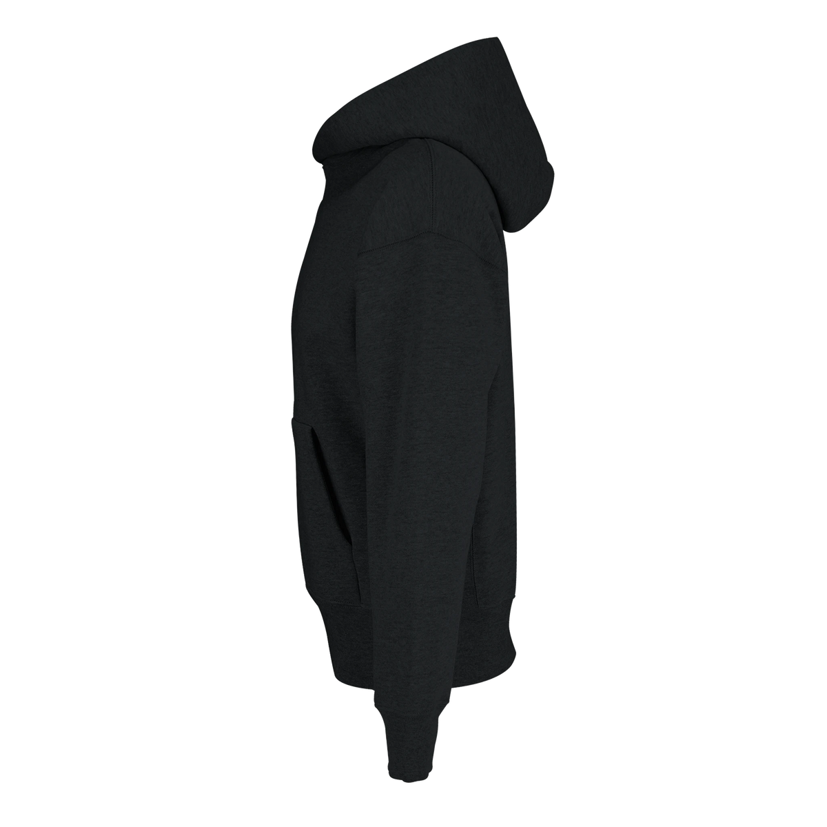 Black oversized pullover hoodie side view with hood and long sleeves
