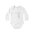 White long-sleeve cotton baby bodysuit with “LOVE” vertical word and flower doodle