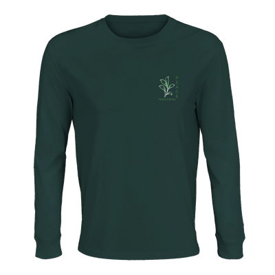 Deep green long sleeve T-shirt with small Peace logo on left chest