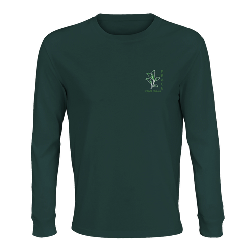 Deep green long sleeve T-shirt with small Peace logo on left chest