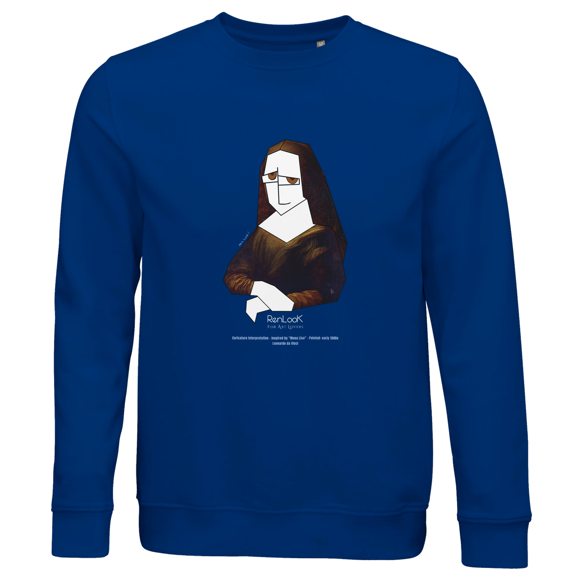 Unisex royal blue sweatshirt with Mona Lisa portrait graphic print at chest