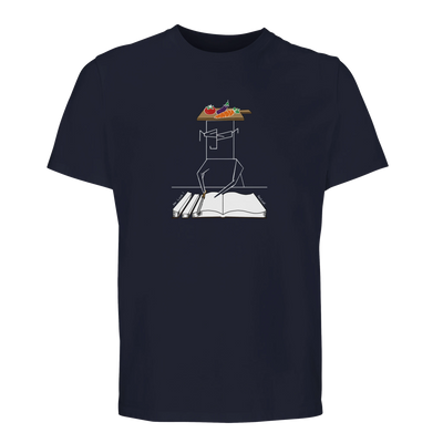 Navy organic unisex T-shirt with salad graphic on the chest