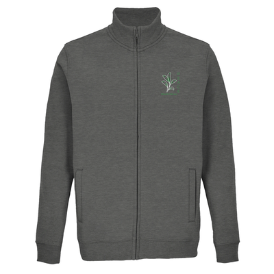 Unisex full-zip sweatshirt in grey melange with front zip and small chest logo print