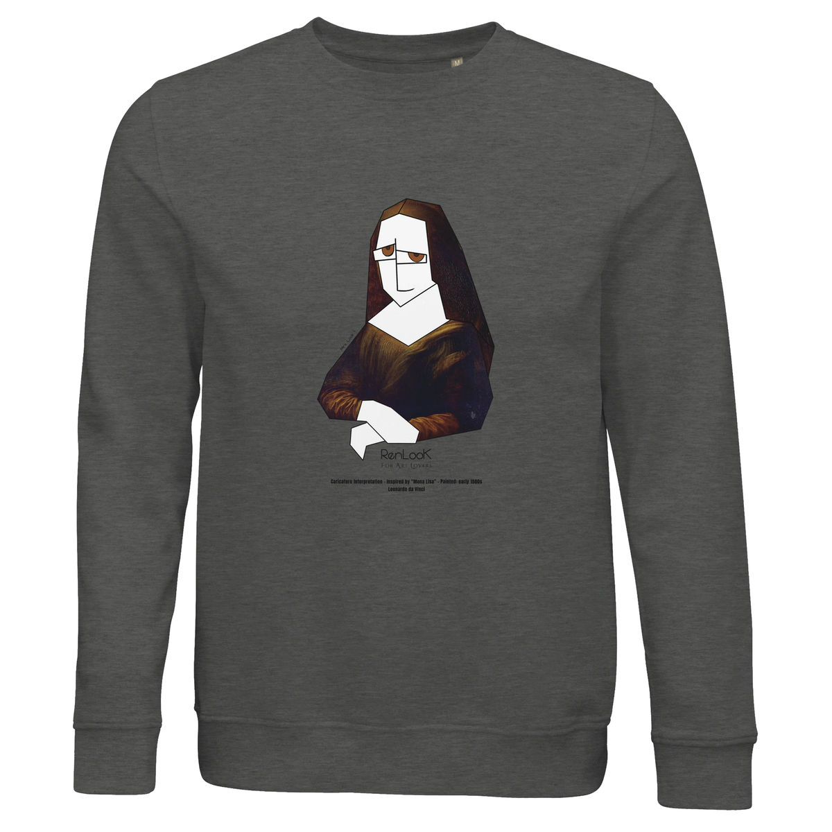 Unisex light gray melange sweatshirt with Mona Lisa portrait graphic print at chest