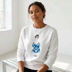 Model wearing white unisex sweatshirt with long sleeves and front graphic portrait print