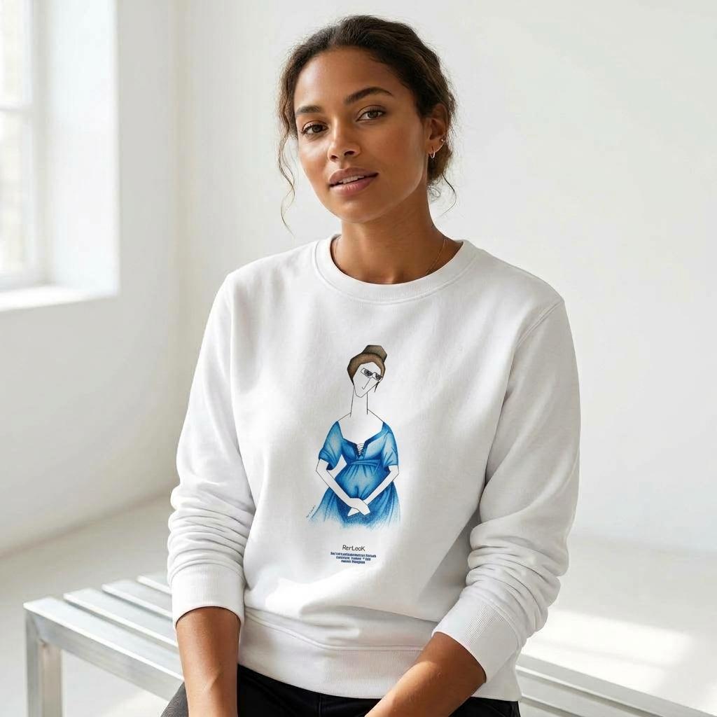 Model wearing white unisex sweatshirt with long sleeves and front graphic portrait print