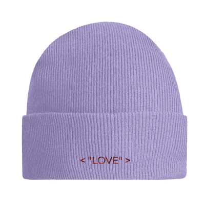 Lavender knit beanie with ribbed cuff and small "LOVE" logo