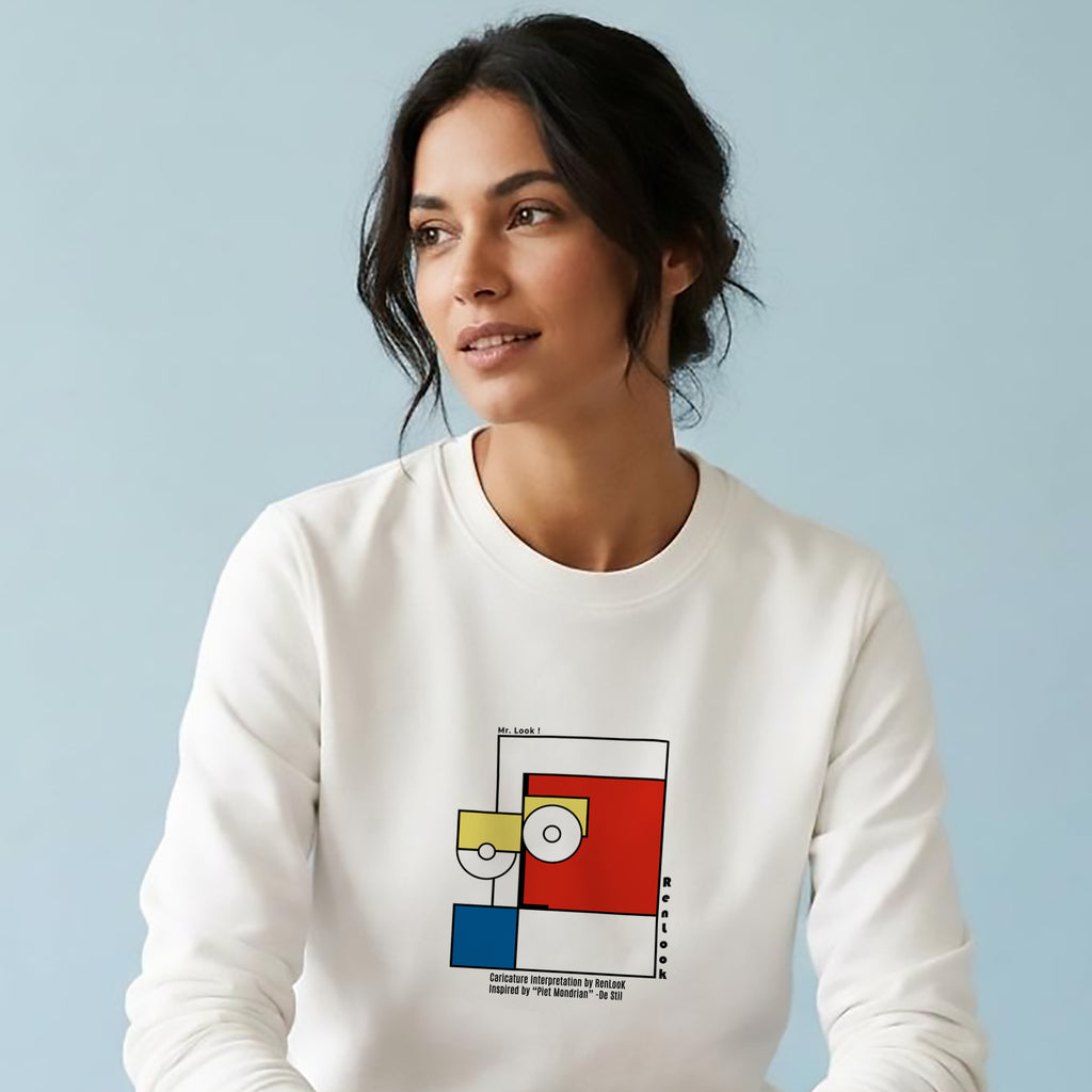 White unisex sweatshirt with Piet Mondrian-style geometric logo graphic