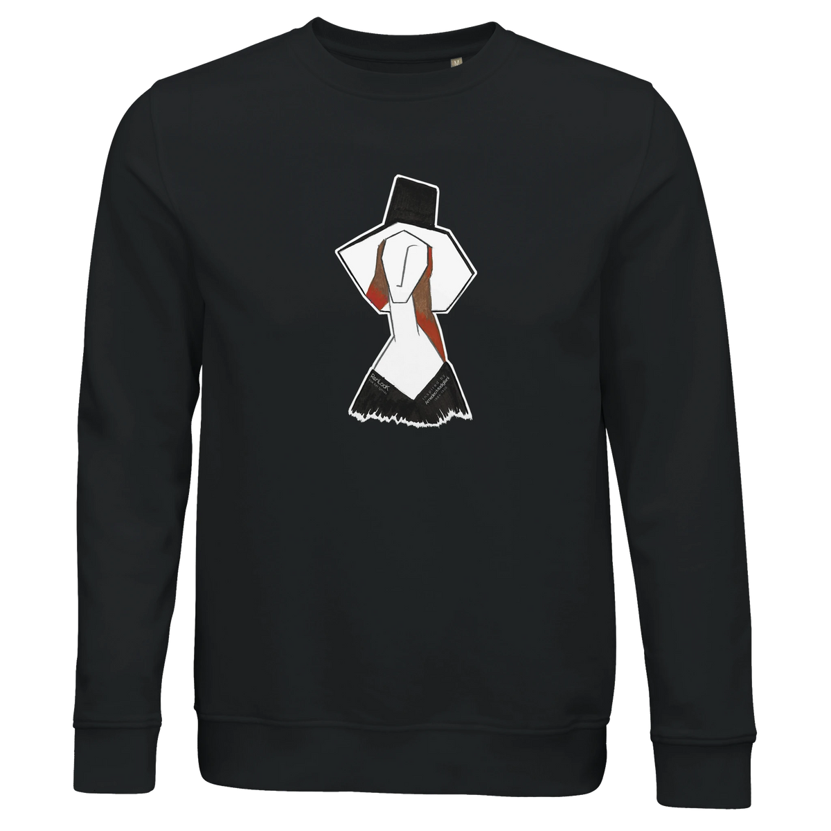Unisex black sweatshirt with front graphic print, crew neck and long sleeves