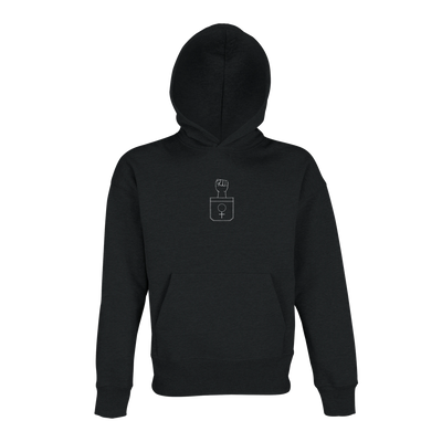 Black oversized women's hoodie with hood, front pocket, and feminist emblem print