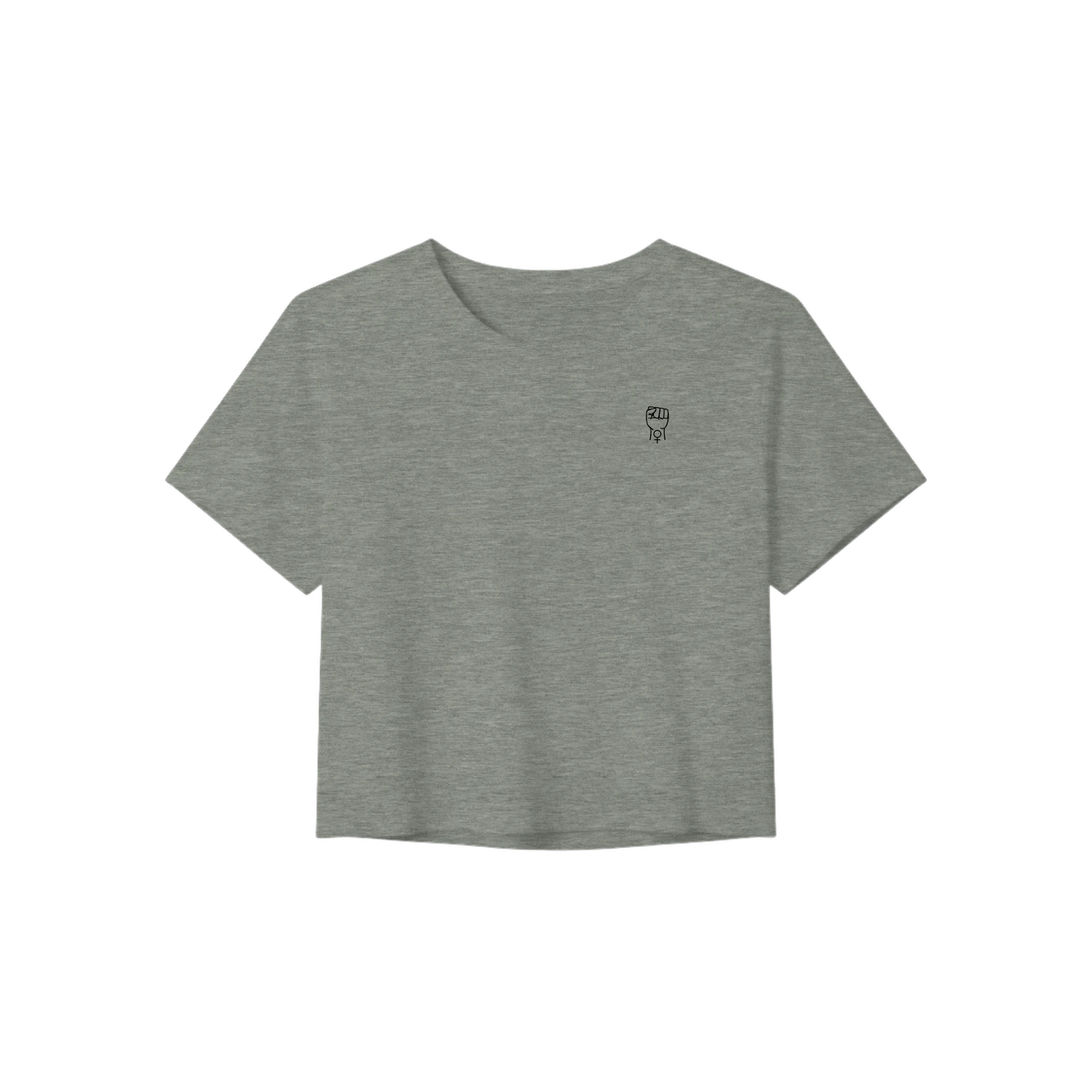 Medium gray heather crop tee with short sleeves and crew neckline, small chest graphic.