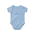 Light blue short-sleeve baby bodysuit with blue ocean boat graphic and snap closure