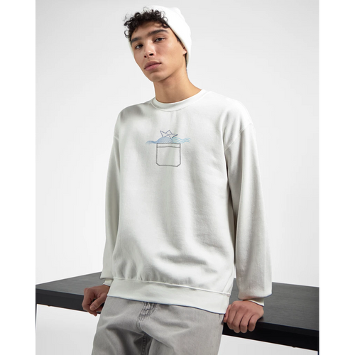 White unisex sweatshirt, crewneck, with small chest drink-cup graphic and waves