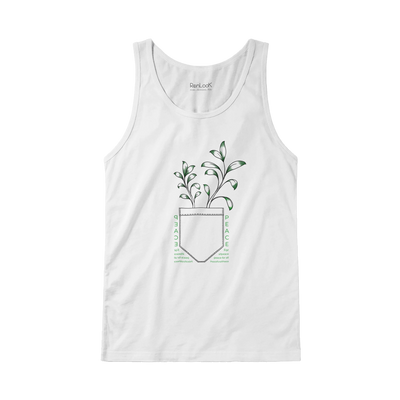 White unisex tank top with centered potted plant and peace lettering graphic