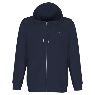 Women's zip-up hoodie, dark navy, hood with drawstring and front zipper, chest logo