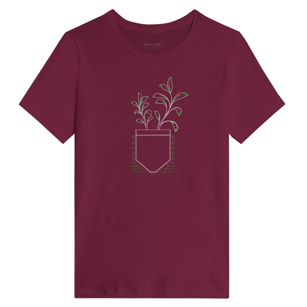 Women’s maroon T-shirt with chest graphic: plant sprout in a shield/label shape.
