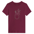 Women’s maroon T-shirt with chest graphic: plant sprout in a shield/label shape.