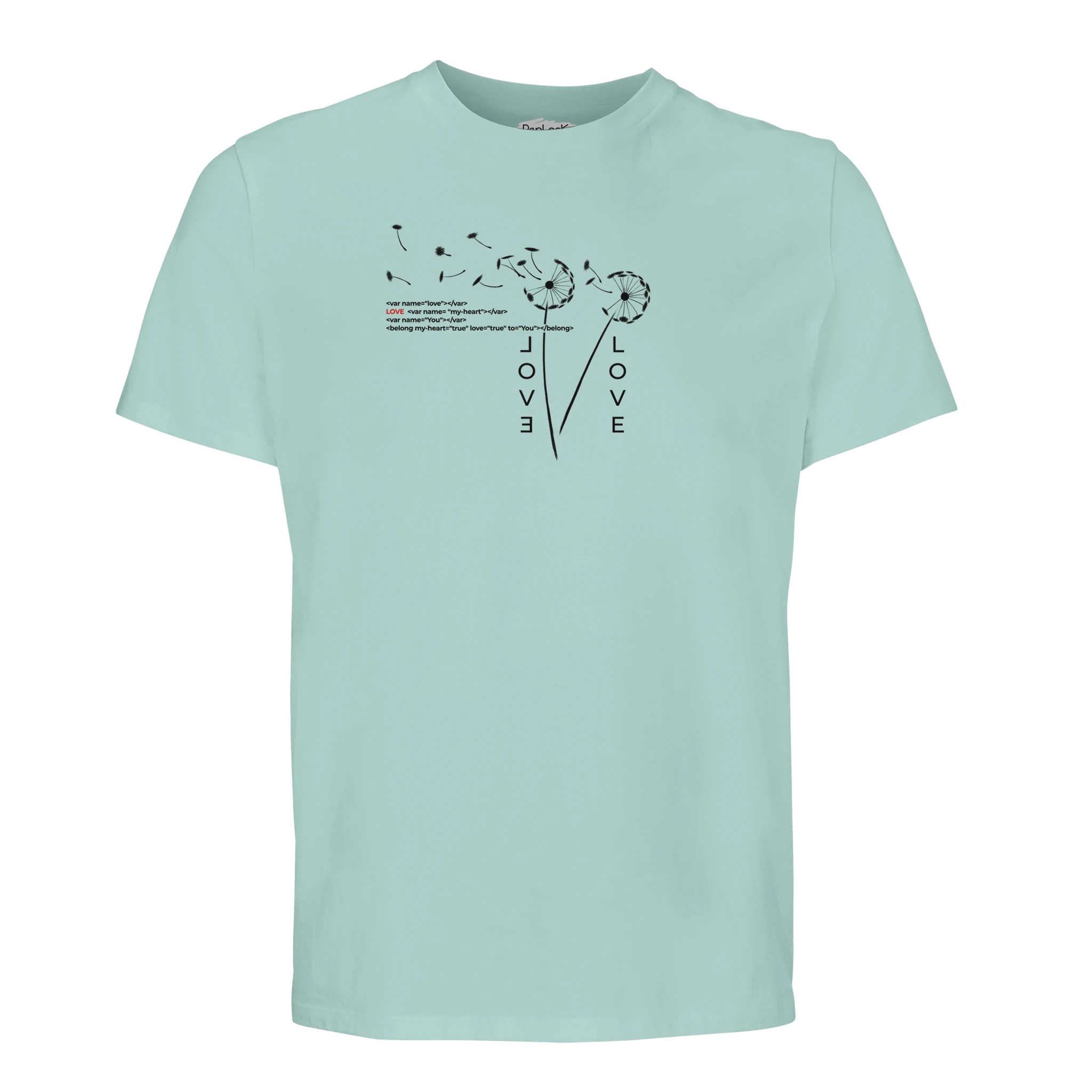 Light mint crew-neck organic T-shirt with small Love graphic print on chest