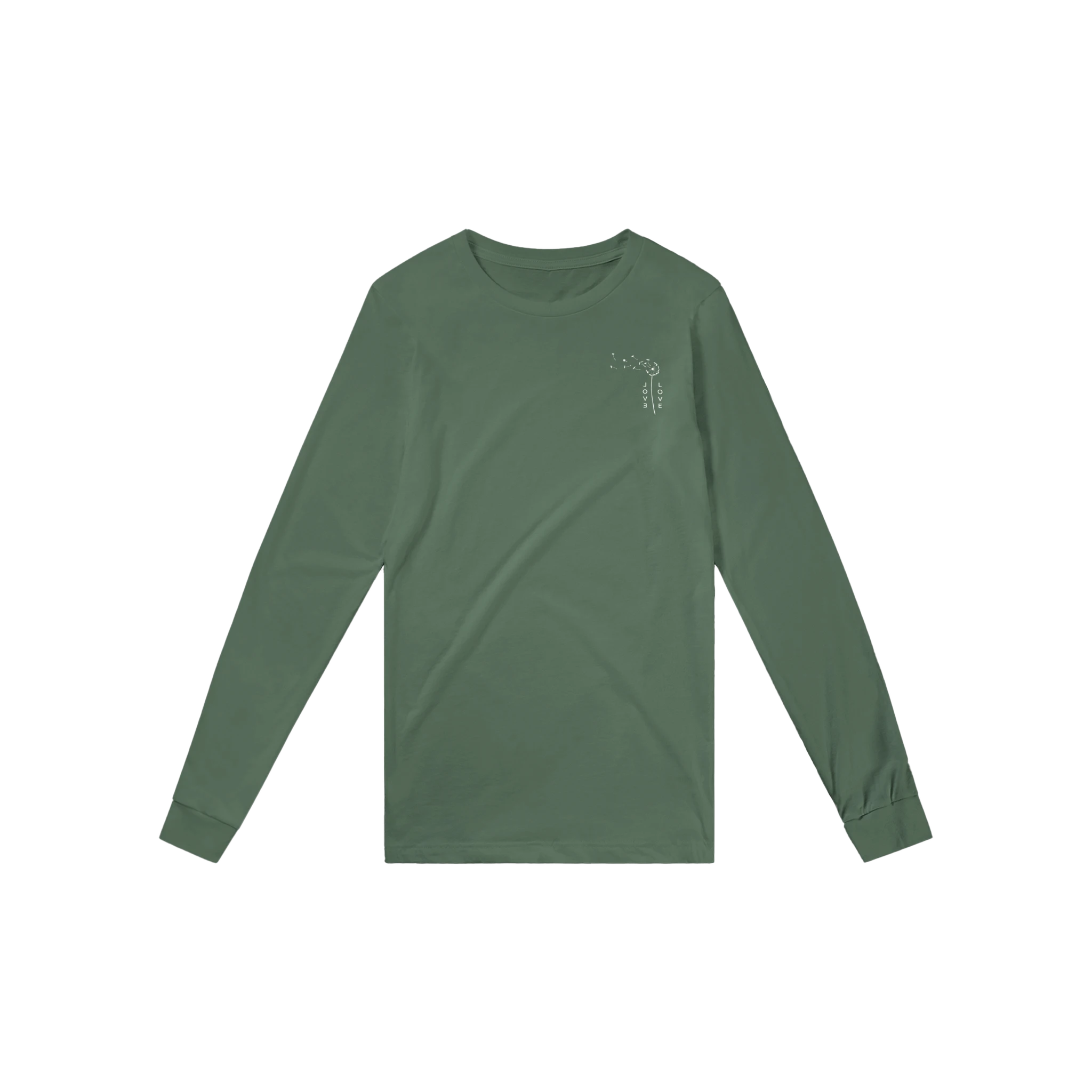 Olive green unisex long-sleeve T-shirt with small chest graphic.