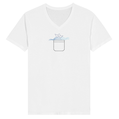 Unisex V-neck T-shirt in white with short sleeves and boat graphic chest print.