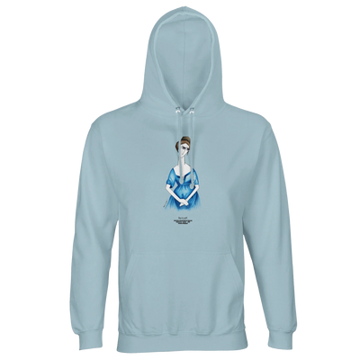Light blue cotton hoodie with hood, drawstrings, front pocket, and centered graphic print