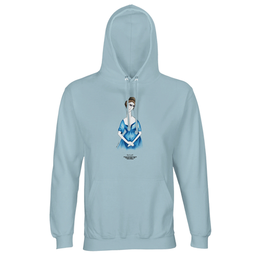 Light blue cotton hoodie with hood, drawstrings, front pocket, and centered graphic print