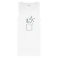 White unisex tank top with potted plant and peace lettering graphic at center