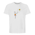 White unisex T-shirt with crew neck and small line-art sun graphic on chest