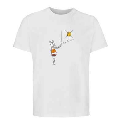 White unisex T-shirt with crew neck and small line-art sun graphic on chest
