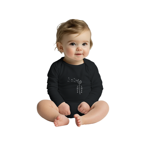 Black long-sleeve cotton baby bodysuit with “LOVE” graphic; snap button closure at base