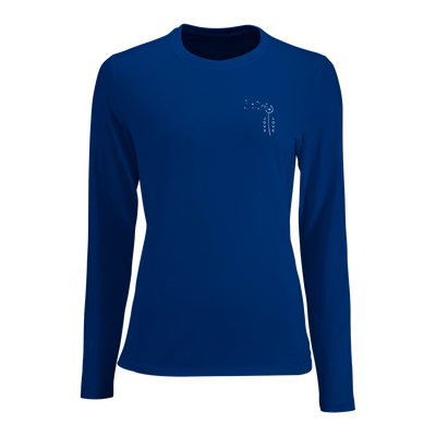 Women’s long-sleeve crewneck top, royal blue, small chest graphic detail.