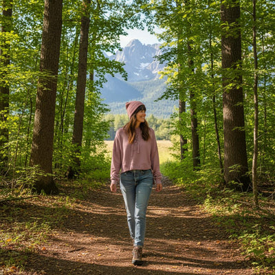 Women’s hoodie in rose quartz, worn on model with hood and long sleeves