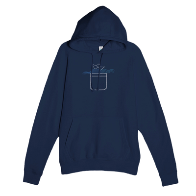 Navy unisex pullover hoodie with graphic cat drink design, kangaroo pocket