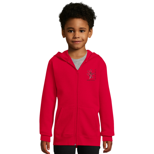 Kids red zip-up hoodie with hood, front pockets, and peace tree graphic on chest
