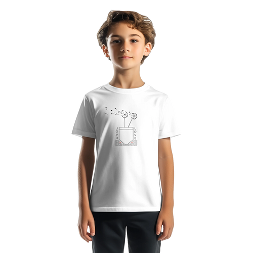 White kids T-shirt with heart and 'LOVE' print, child model front
