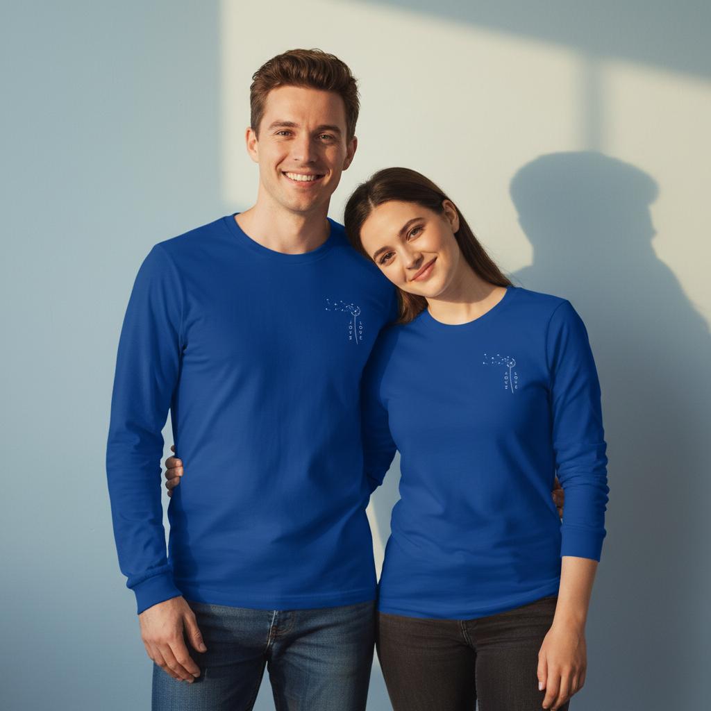 Blue unisex long-sleeve shirt with small chest graphic, crew neck