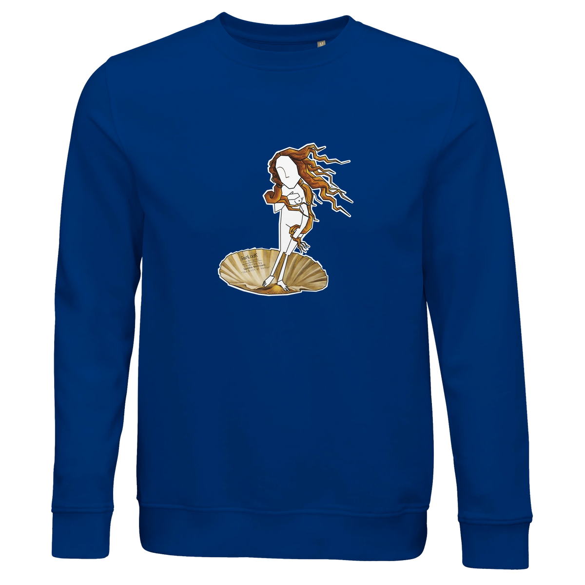 Unisex crewneck sweatshirt in royal blue with front graphic print and ribbed cuffs