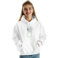 White unisex pullover hoodie with drawstring hood, front pouch pocket, chest plant graphic