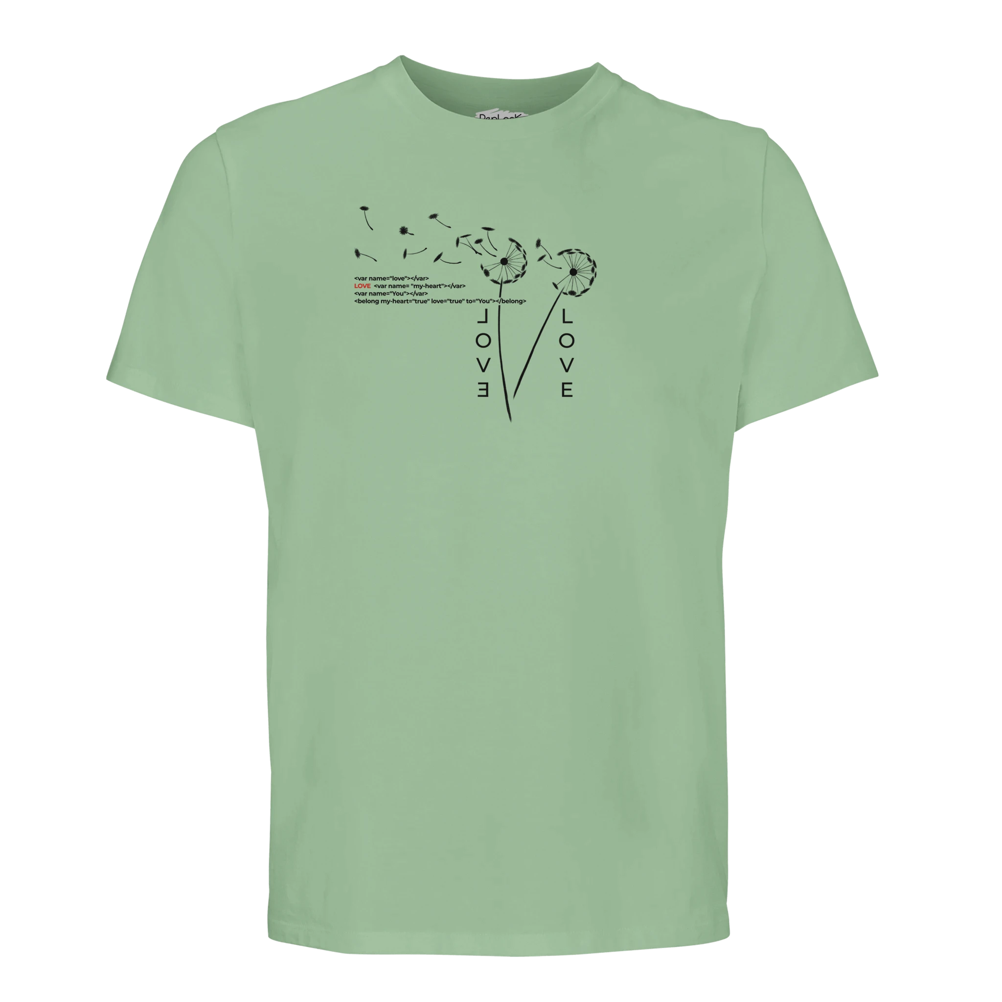 Light green crew-neck organic T-shirt with small Love graphic print on chest