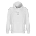 Unisex off-white hoodie with hood and kangaroo pocket, small Love graphic on chest