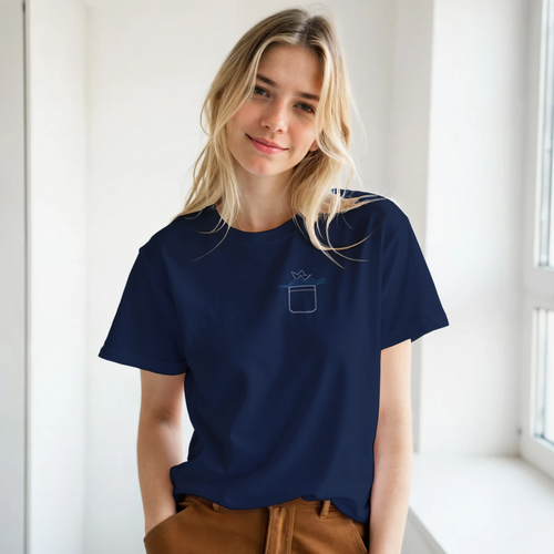 Navy unisex T-shirt worn by model; crew neck with boat graphic on chest