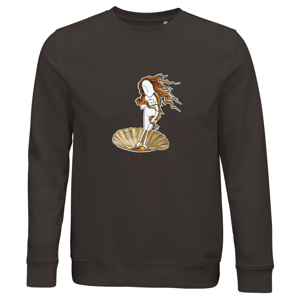 Unisex crewneck sweatshirt in dark charcoal with front graphic print and ribbed cuffs