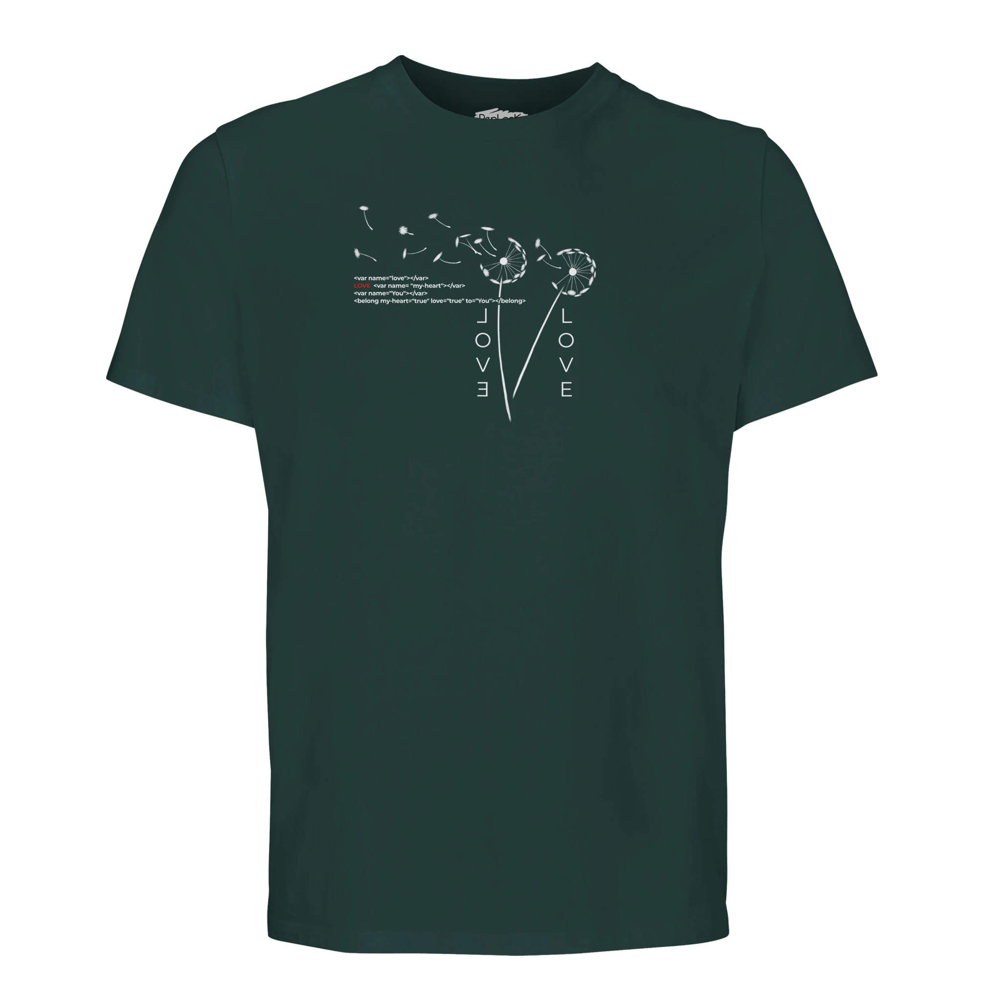Dark teal crew-neck organic T-shirt with small Love graphic print on chest