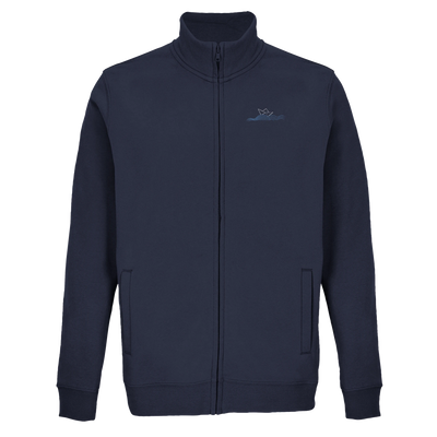 Navy unisex zip sweatshirt with stand collar and small chest boat logo