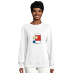 Unisex white sweatshirt with Piet Mondrian style square graphic, front view on model