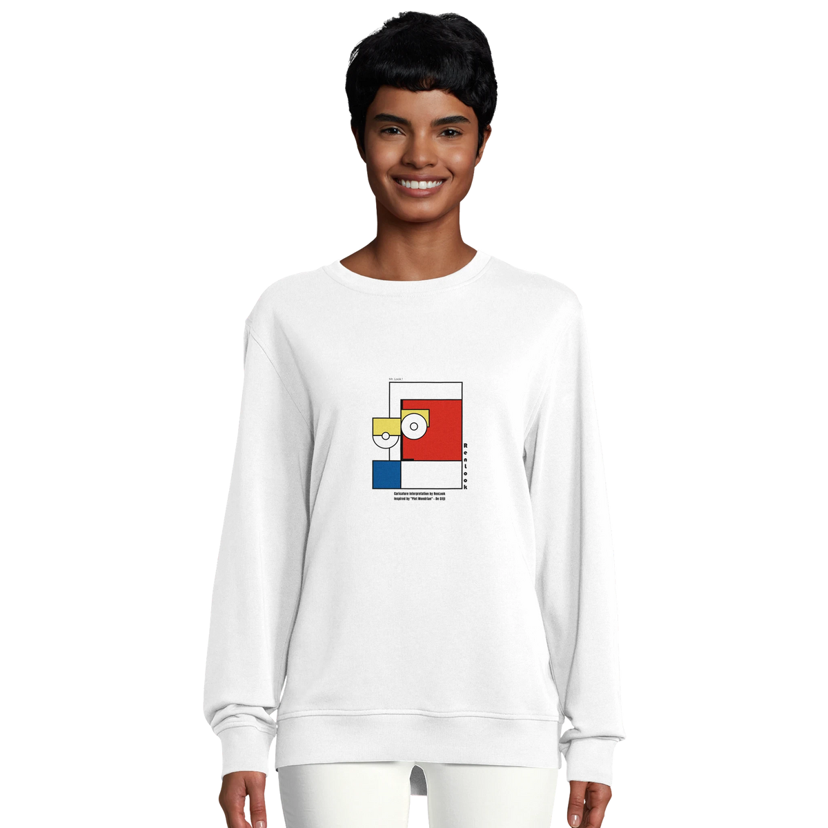 Unisex white sweatshirt with Piet Mondrian style square graphic, front view on model