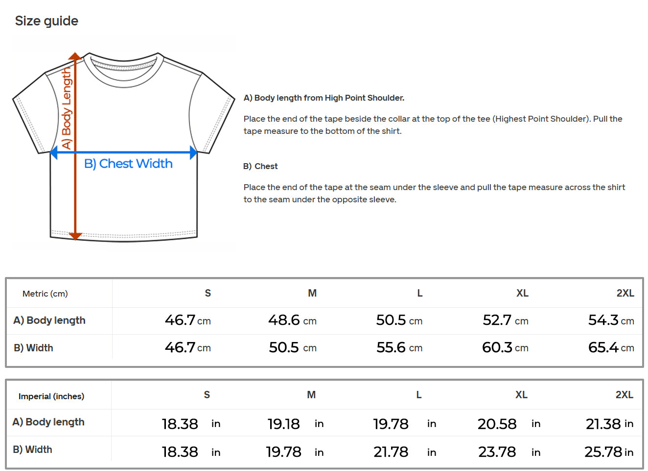 Crop tee size guide diagram showing body length and chest width