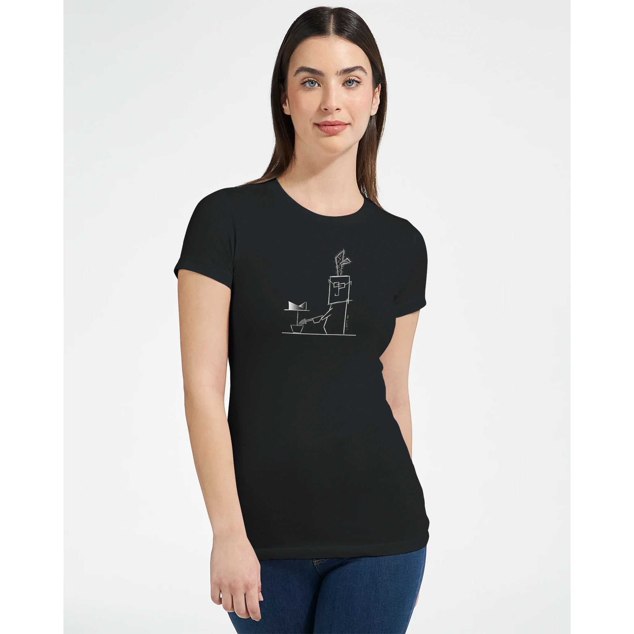 Women's crewneck t-shirt, black with cactus line graphic