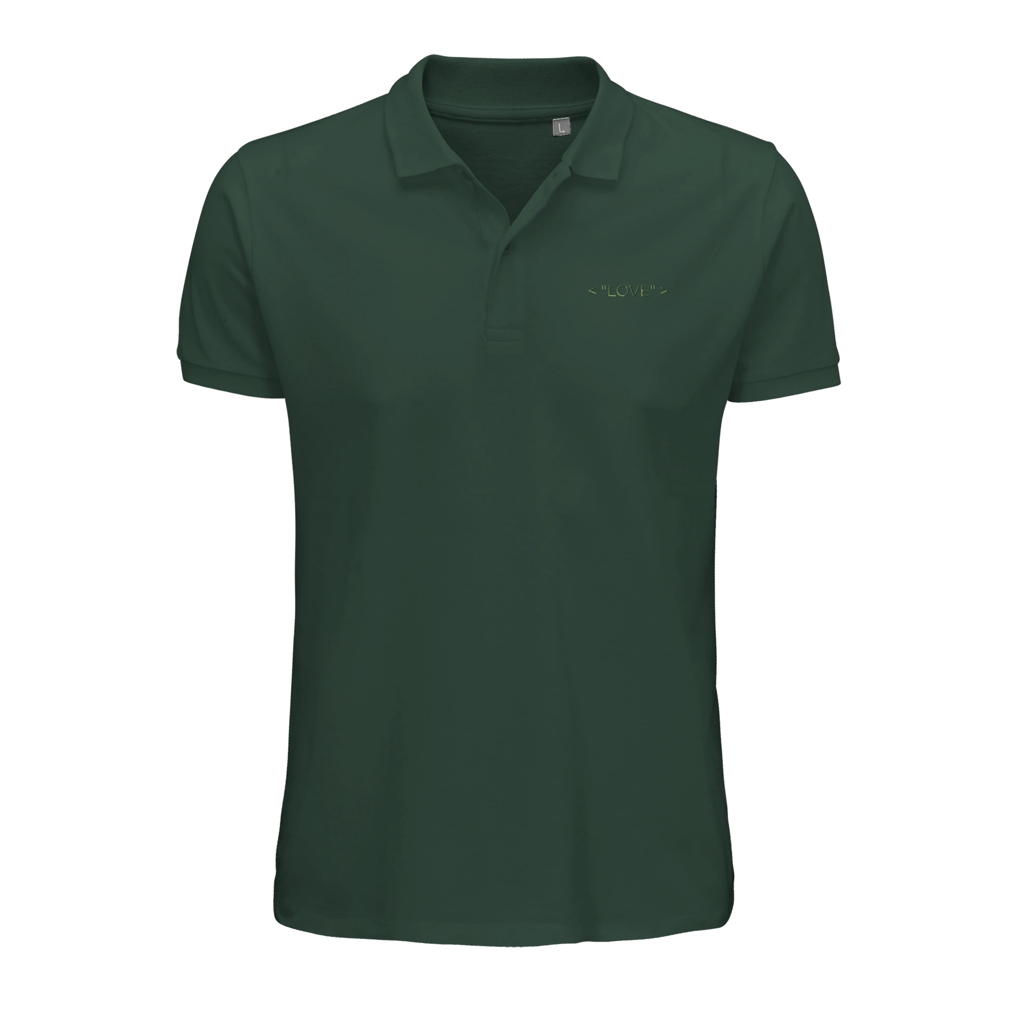 Men's polo shirt in dark green with buttoned placket and small chest "LOVE" logo