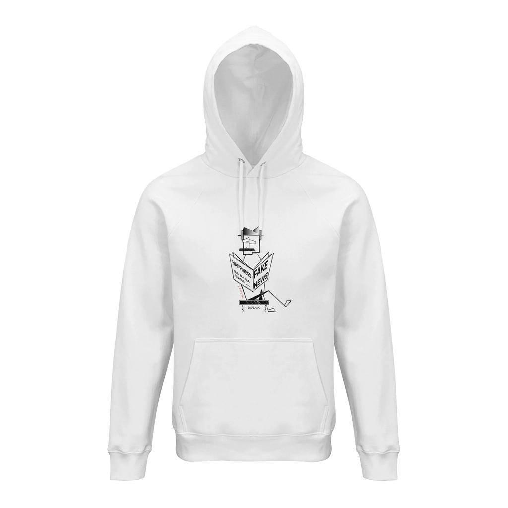 White hoodie with a graphic design of Fake News on a white background
